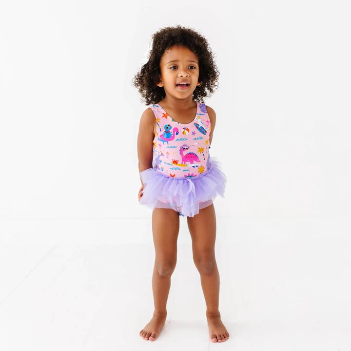 Pink Dino Girls Swimsuit With Tutu for wholesale by Kiki + Lulu