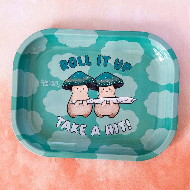 Stoner Mushroom Rolling Tray - Roll It Up, Take a Hit for wholesale by Crescent Sun Studio