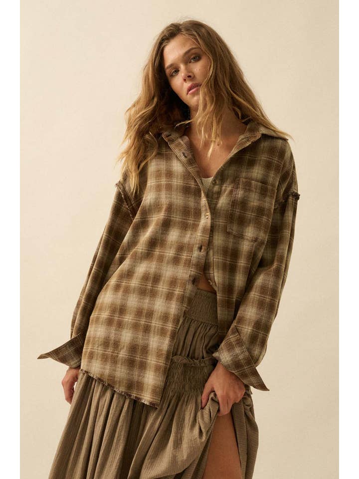 Promesa USA - Wholesale Button Down Shirt - Women's - Plaid Flannel Oversized Raw-Edge Pocket Shirt14