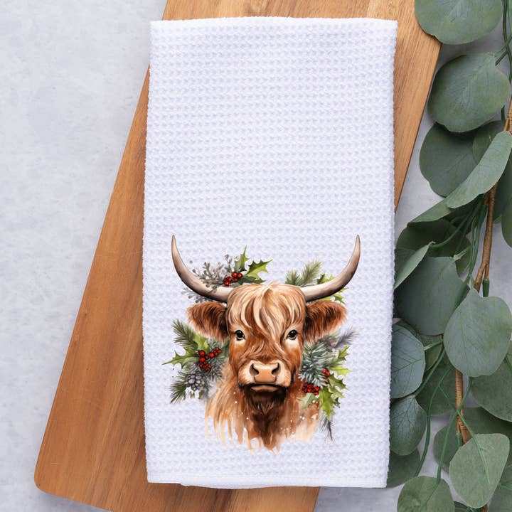 Mistletoe Highland Cow- Christmas - Kitchen / Hand Towel for wholesale by Dark Horse Dream Designs LLC