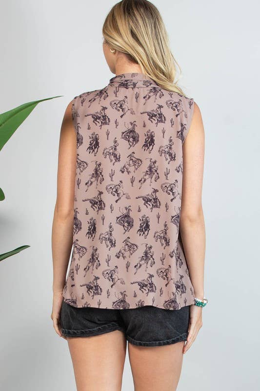 Mocha AV1289-COLETTE BUCKING HORSES PRINT TIE FRONT WOVEN TOP for wholesale on Faire10