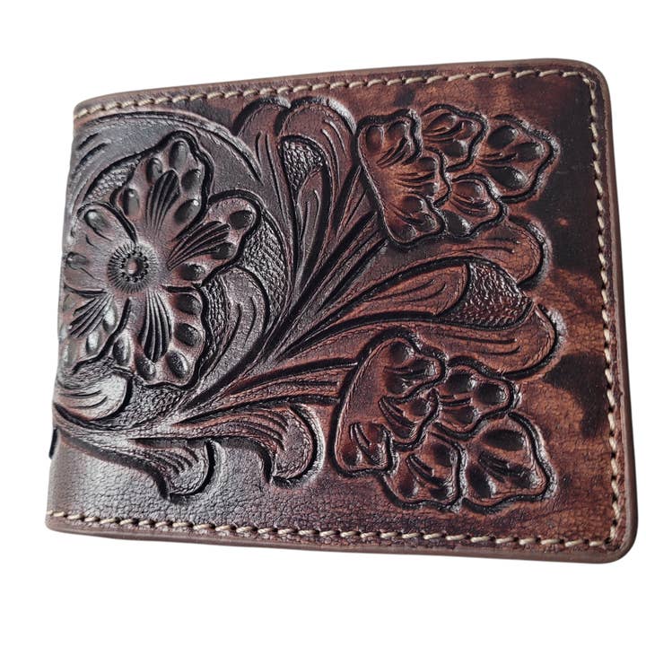 Hand Tooled Genuine Leather Bifold RFID Wallet Brown for wholesale by Megical Basket