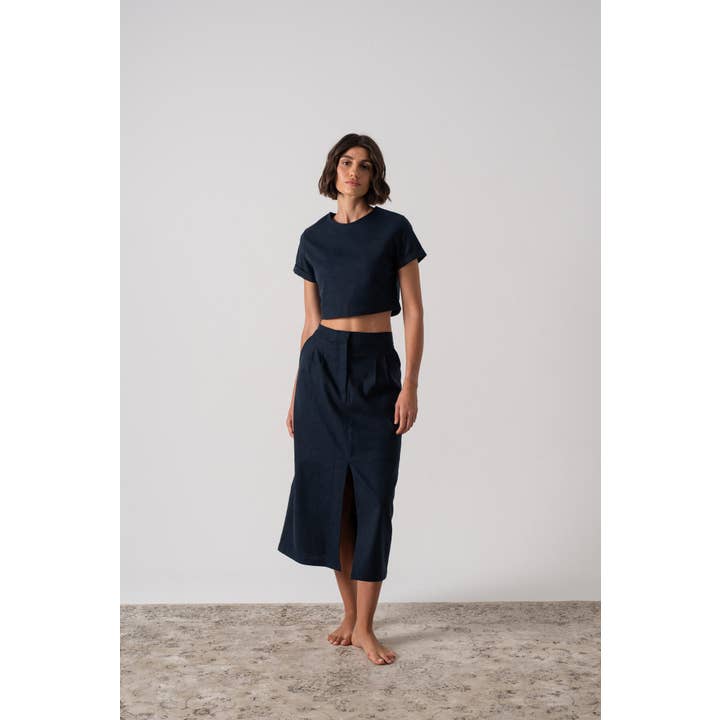 Zafran Midi Skirt in Navy for wholesale by LUXMII