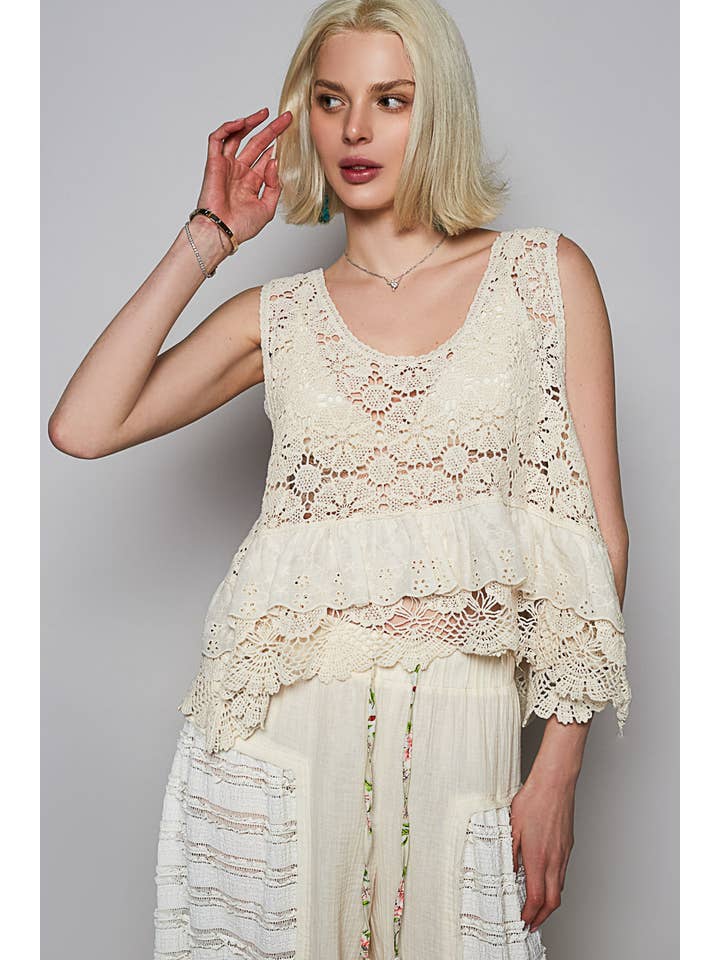 Pol Clothing - Vente Chemisier – femme - Haut en crochet à œillets brodé à volants et col rond5