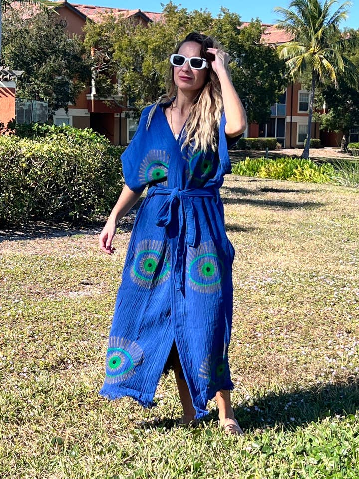 Lucky Eye Kimono Robe-Blue for wholesale by TurkanHome