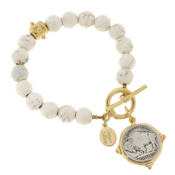 Gold and Silver Genuine Buffalo Nickel on White Turquoise Bracelet for wholesale by Susan Shaw