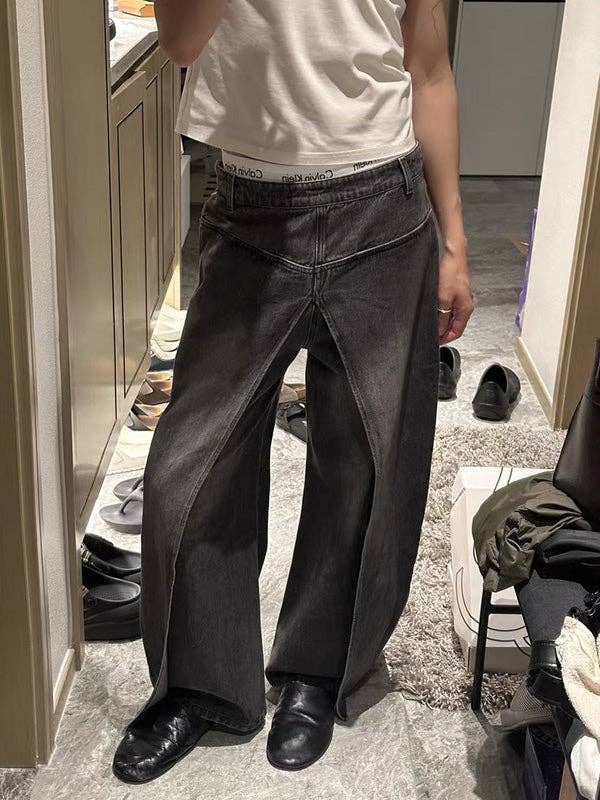 Sheer Trend - Wholesale Jeans - Women's - False Two Wide Leg Pockets Reversible Jean Pants Bottoms1