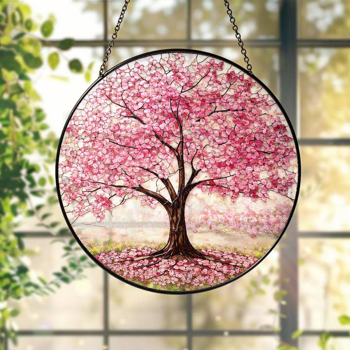 Vitrail Attrape-Soleil Arbre de Cerisier en Fleurs, Floral Rose Wi pour la vente par Glaizyo