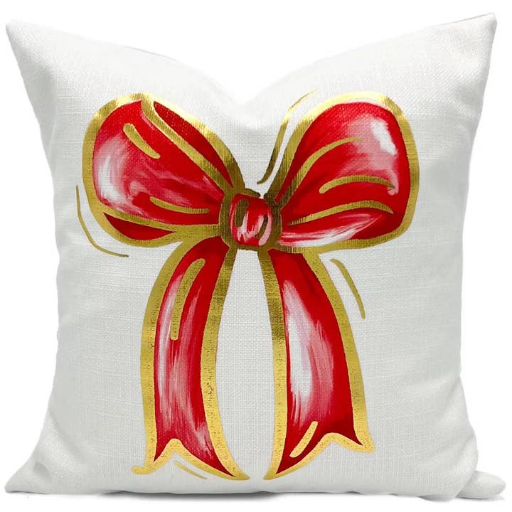 Gold Foil Red Bow Pillow for wholesale by Rachel Brooks Design, LLC