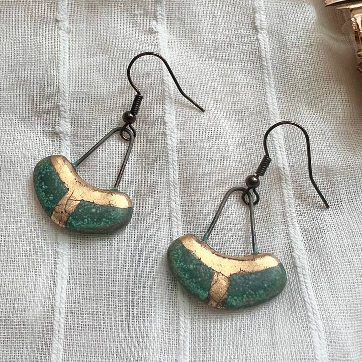Patina Green Small Collar Cracked Gold Clay Earrings for wholesale by The Artifact House