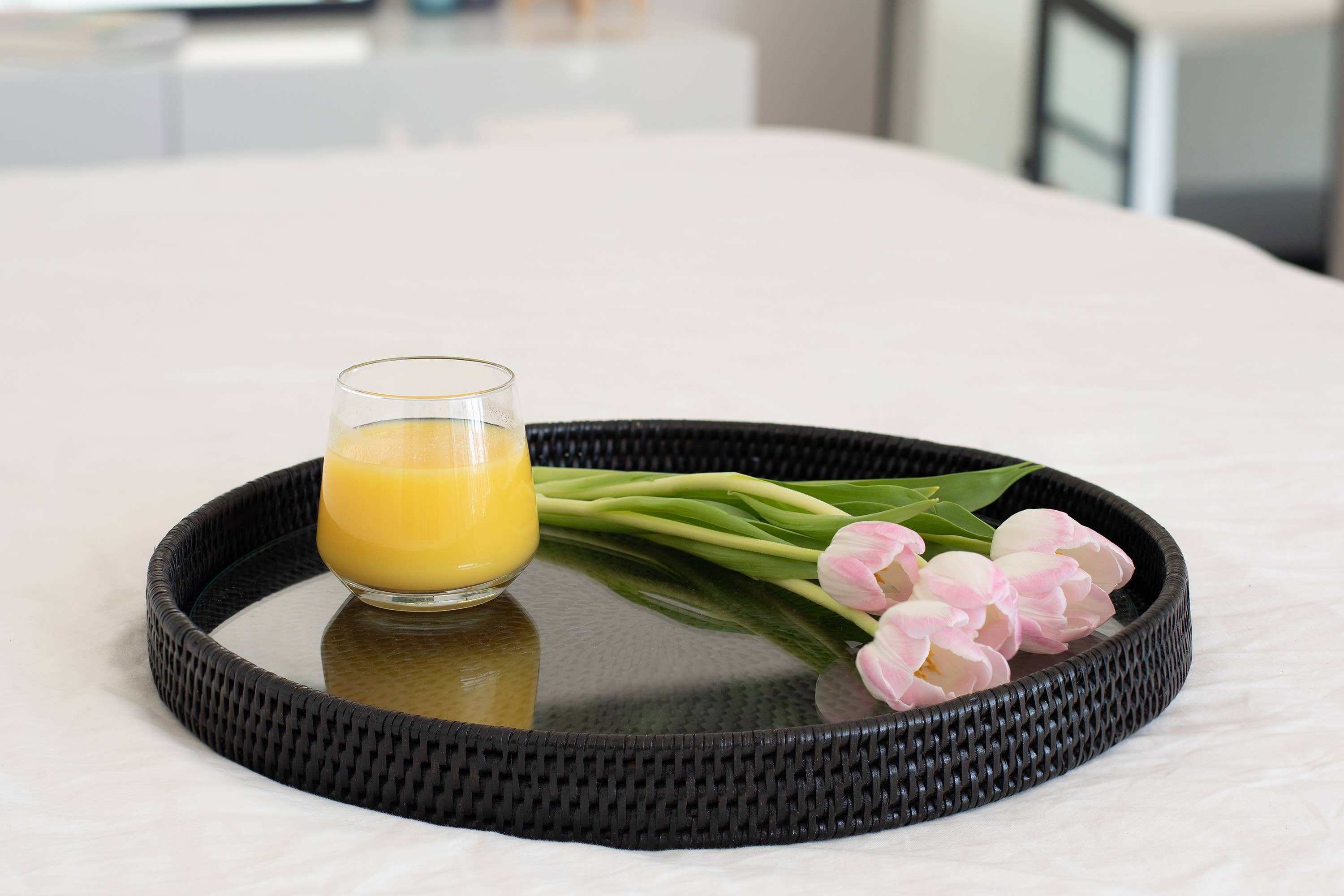 Artifacts Trading Company - Wholesale Serving Tray - Rattan Round Serving-Ottoman Tray with Glass Insert0