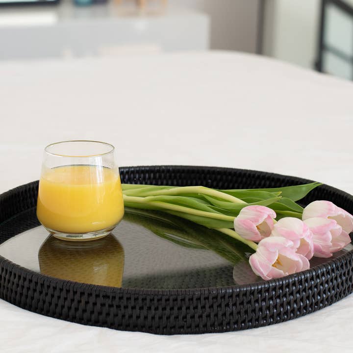 Artifacts Trading Company - Wholesale Serving Tray - Rattan Round Serving-Ottoman Tray with Glass Insert