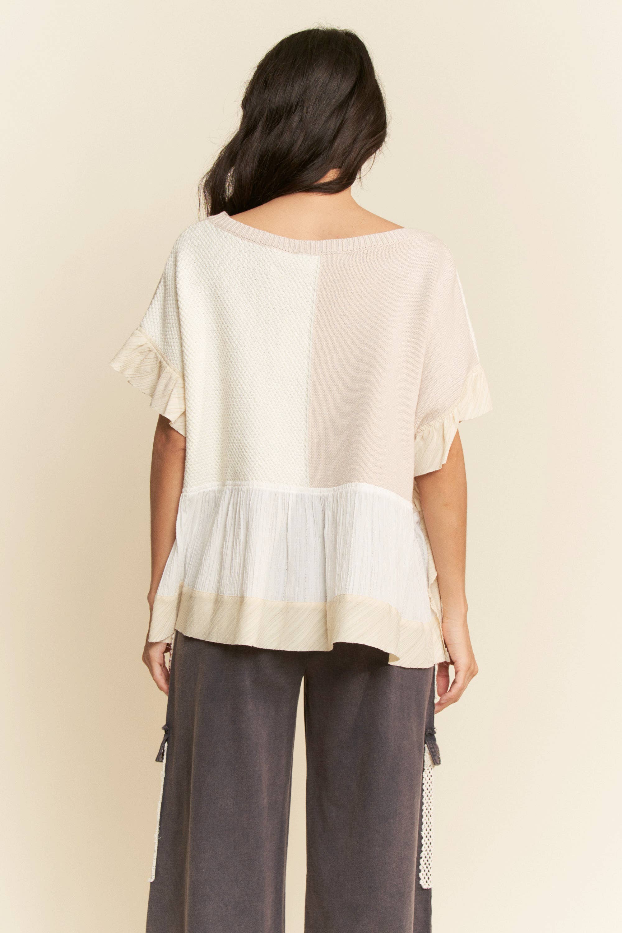 Davi & Dani – wholesale Knit top – Women's – PLUS SWEATER MIX PATCHWORK TEXTURED RUFFLE TOP2