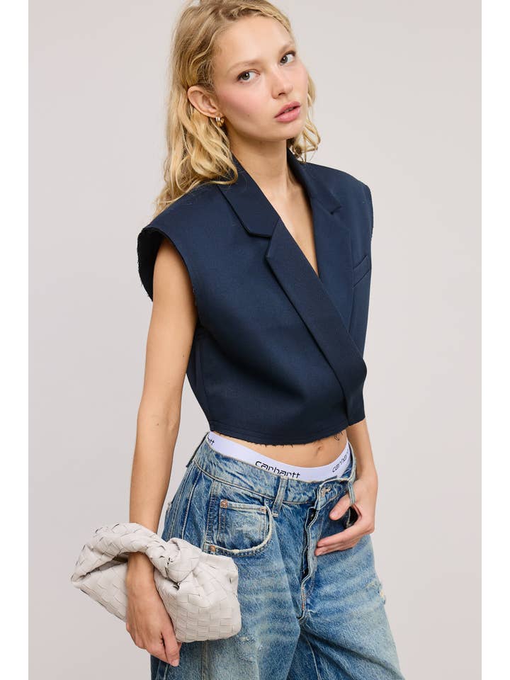 Mimosa - Wholesale Outerwear Vest - Women's - Cropped Collared Vest with Raw Hem14