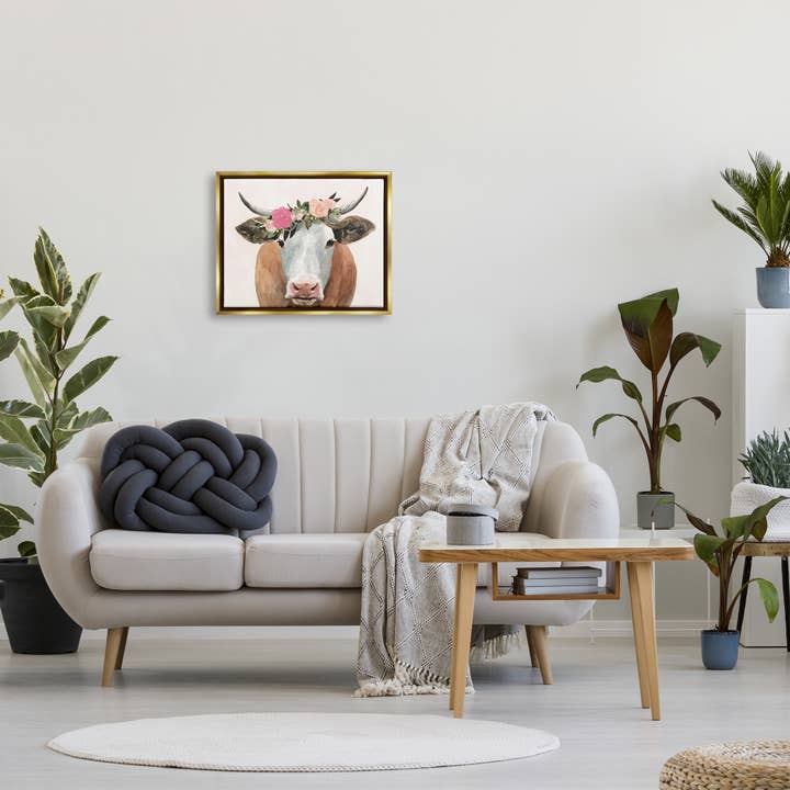 Stupell Industries – wholesale Konsttryck – Springtime blomma krona gård ko med horn flytande inramade