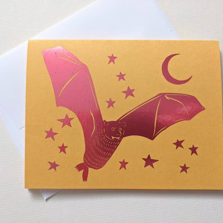Foil Card - Bat and Stars (Pink foil on Yellow) for wholesale by Natalie V. Mason