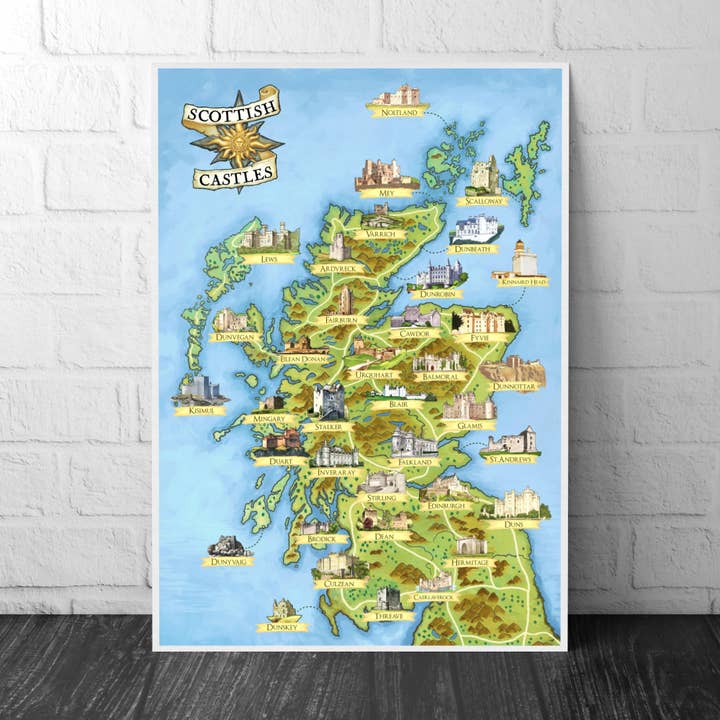 Scottish Castles - Illustrated Map - Scotland Print Poster for wholesale by Printagonist