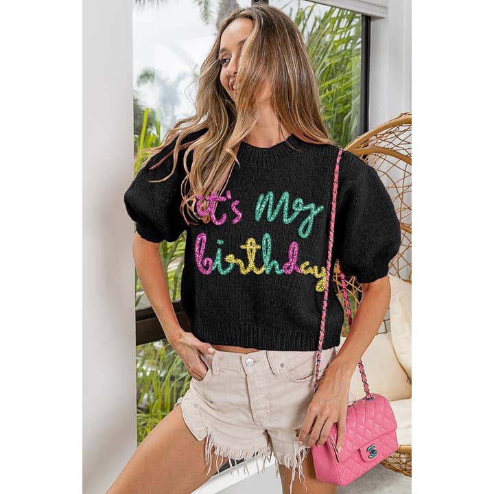 Metallic Letter Short Puff Sleeve Hairy Sweater for wholesale by IVE
