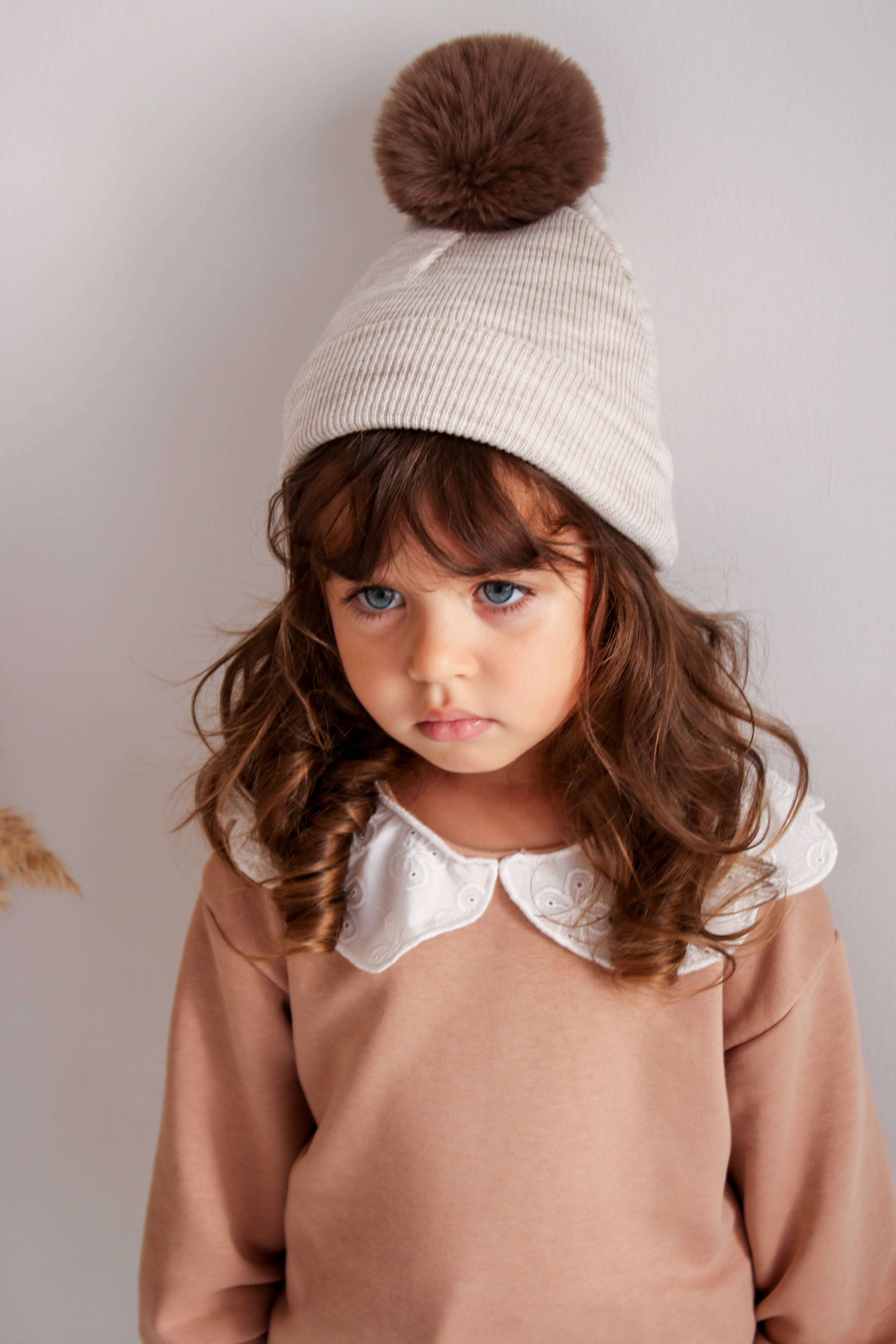 Vizon Single Pom Pom Baby/Kid's Marble Beige Beanie Hat 0-8 Years for wholesale on Faire6
