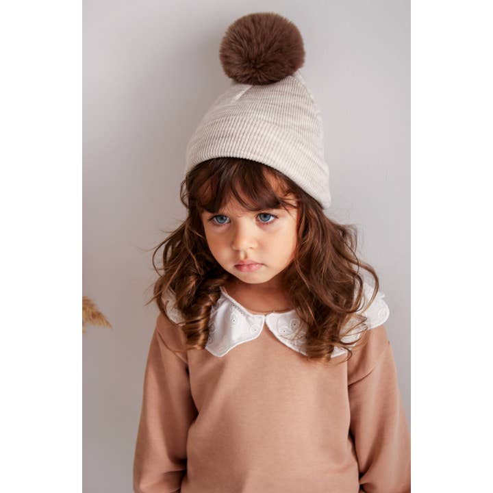 Vizon Single Pom Pom Baby/Kid's Marble Beige Beanie Hat 0-8 Years for wholesale on Faire6