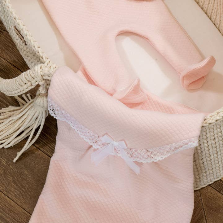 NOLA | Pale Pink Quilted Cotton Baby Blanket with Lace for wholesale by Bebe Sweeny