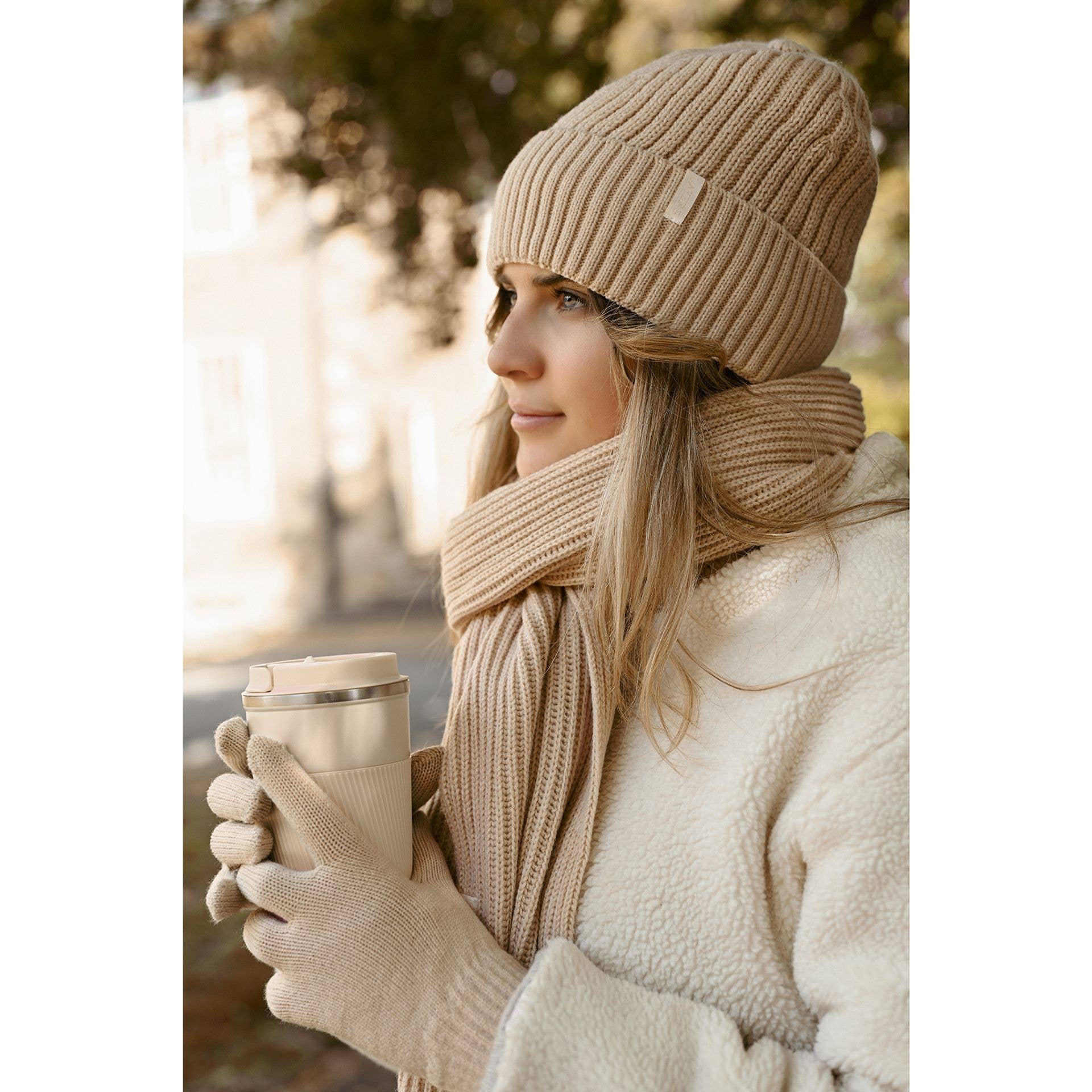 WIDDOP and Co. - Wholesale Socks - Unisex - Sophia Layers Cosy Knit Hat Glove & Scarf Gift Set - Nude6