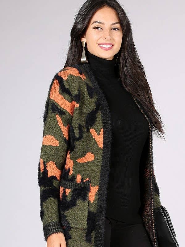 Cardigan en maille à imprimé camouflage CLR2-OUG81177 pour la vente par Oceanus Apparel