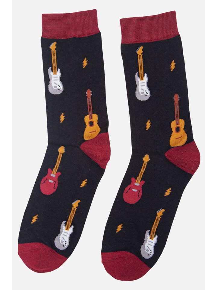 Sock Talk - Wholesale Socks - Men's - Black Men's Mixed Guitar Print Bamboo Socks1