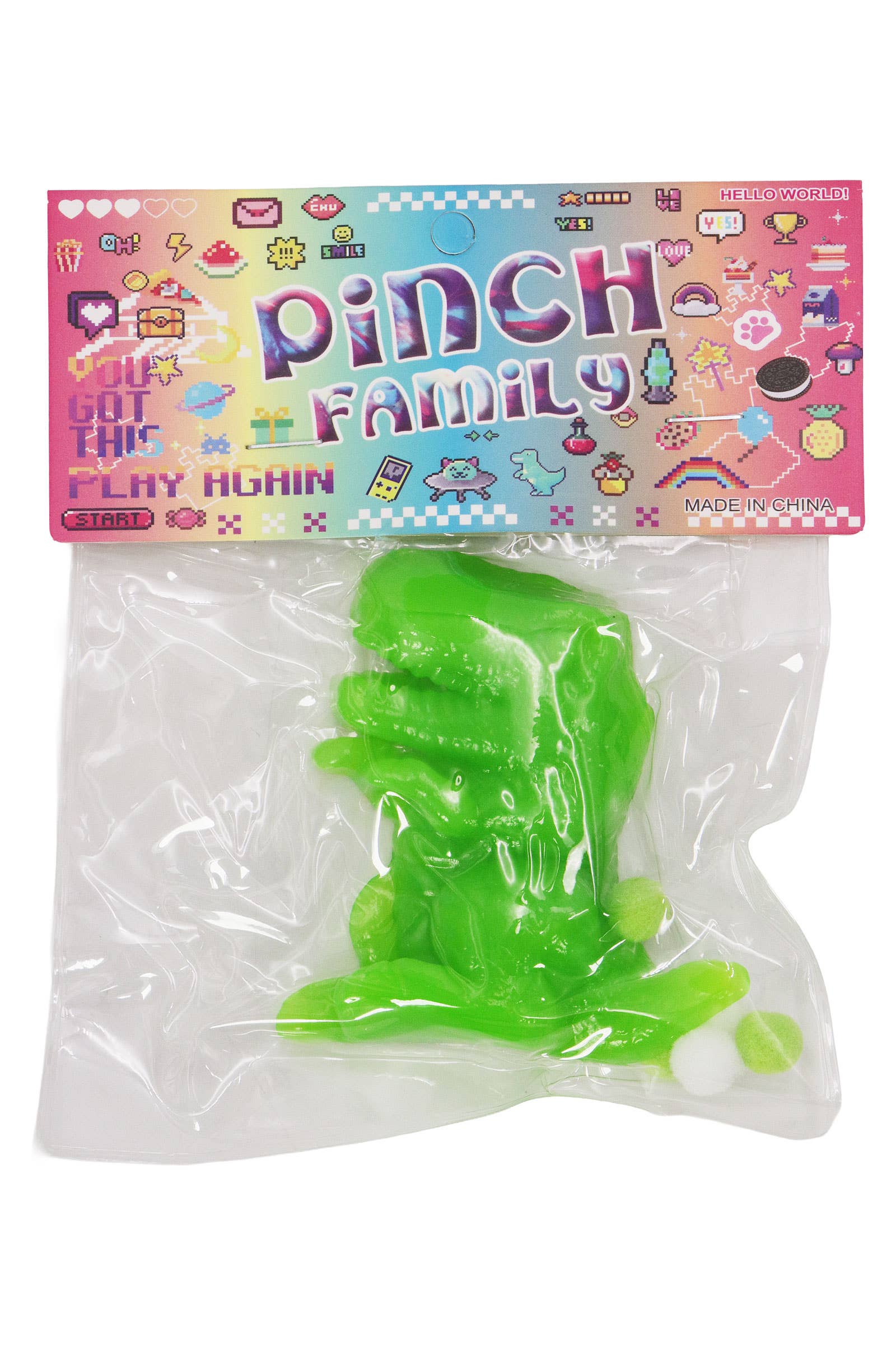ASSORTED T-rex Dinosaur Sticky Mochi Pom Pom Squishy Bag for wholesale on Faire3