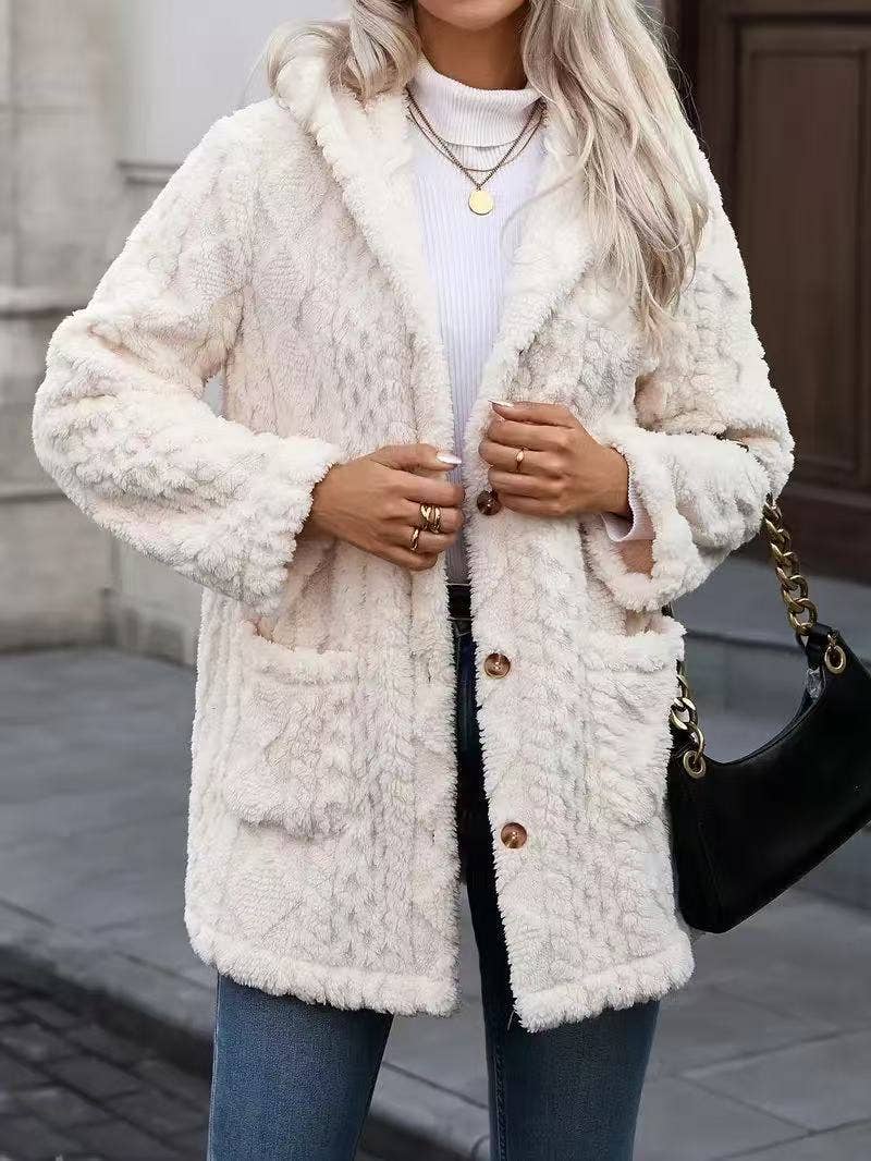 White Double-Sided Plush Buttoned Hooded Warm Cardigan for wholesale on Faire2