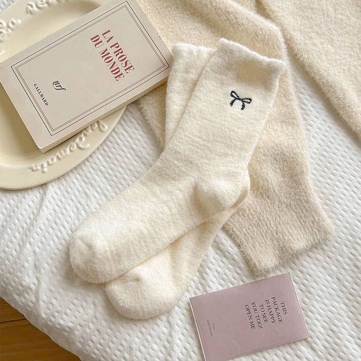MKS America - Wholesale Socks - Women's - Bow, Camellia Embroidered Fleece Socks