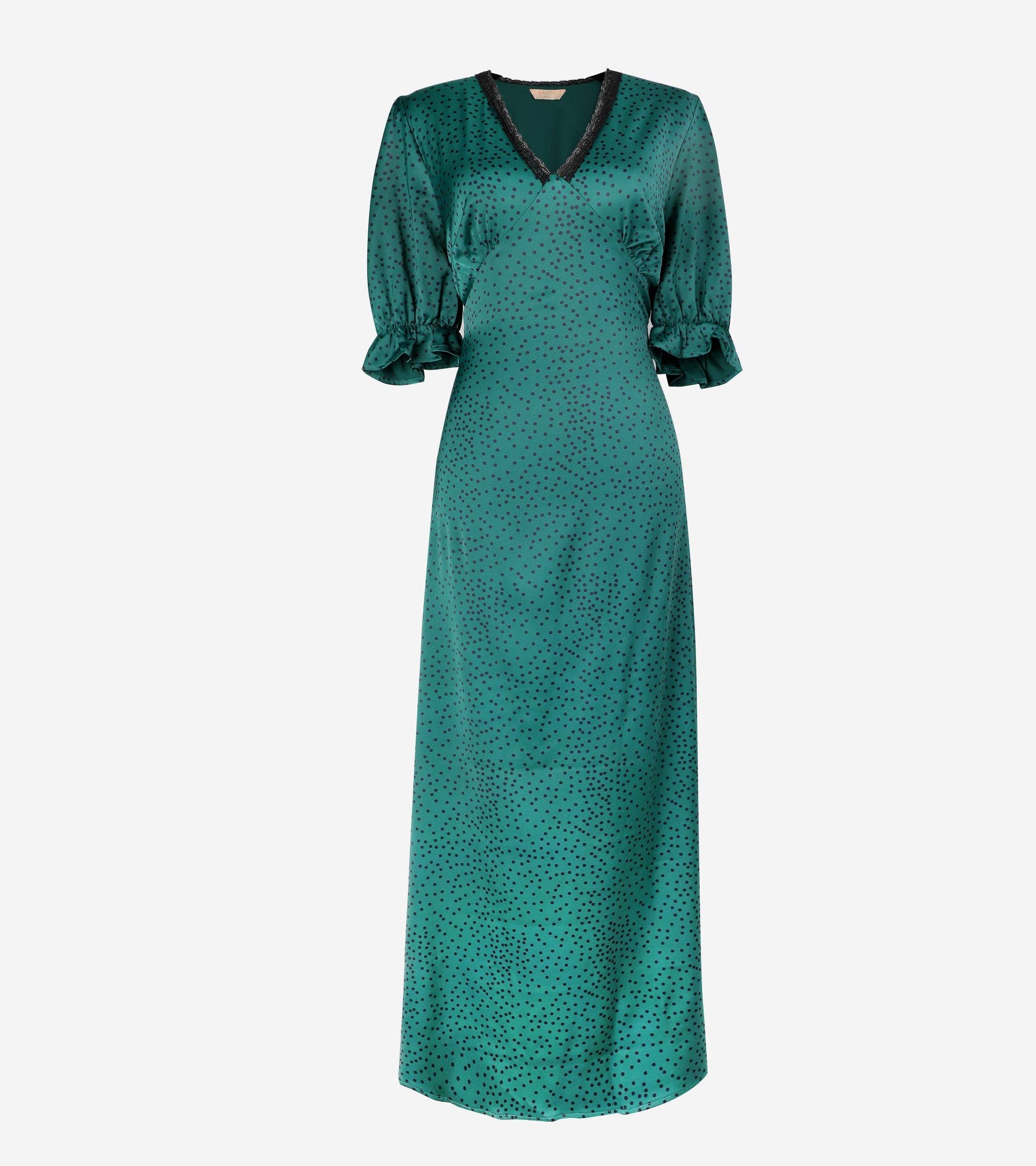 Sarta – wholesale Dress – Women's – Elise V-Neck Tea Dress- Green/Teal, Polka Dot5