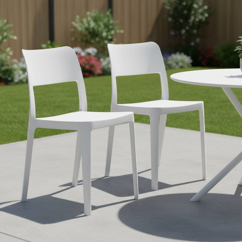 HomeRoots - Wholesale Outdoor Chair - Set of Two White Heavy Duty Plastic Outdoor Stacking Accent Chairs1