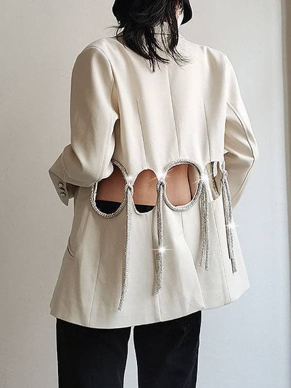 lässiger, lockerer Oberbekleidungsblazer mit langen Ärmeln und Pailletten und Quasten, hohl, glänzend, gekerbt für den Großhandel von StyleGalX