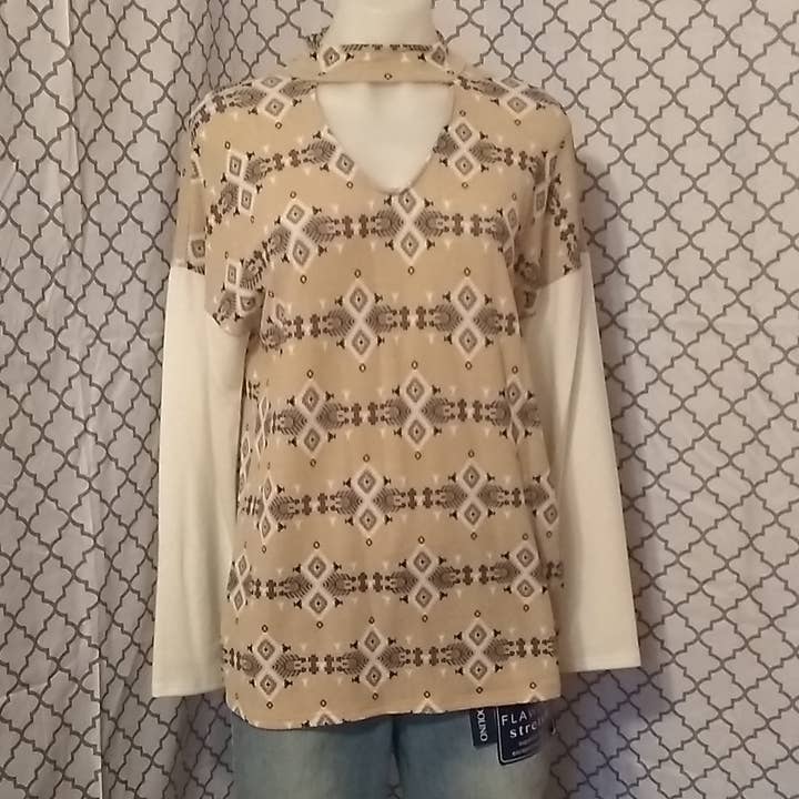 Taupe & White printed choker sweater for wholesale by Jones & Ivy Collections, Inc.