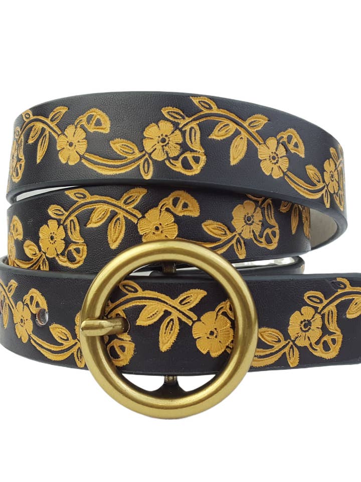 Skinny Round Buckle Belt in hand-Painted floral tooled belt for wholesale by Axesoria West