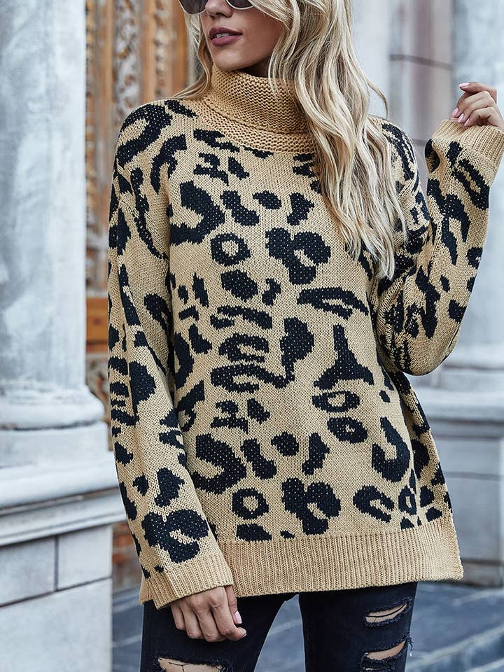 Lily Clothing - Wholesale Knit Sweater - Women's - LEOPARD PRINT SWEATER LOOSE TURTLENECK SWEATER