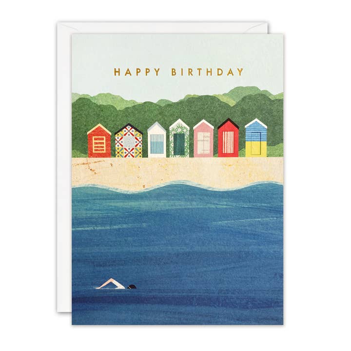 Beach Huts Swimmer Birthday Card - Offshore for wholesale by James Ellis
