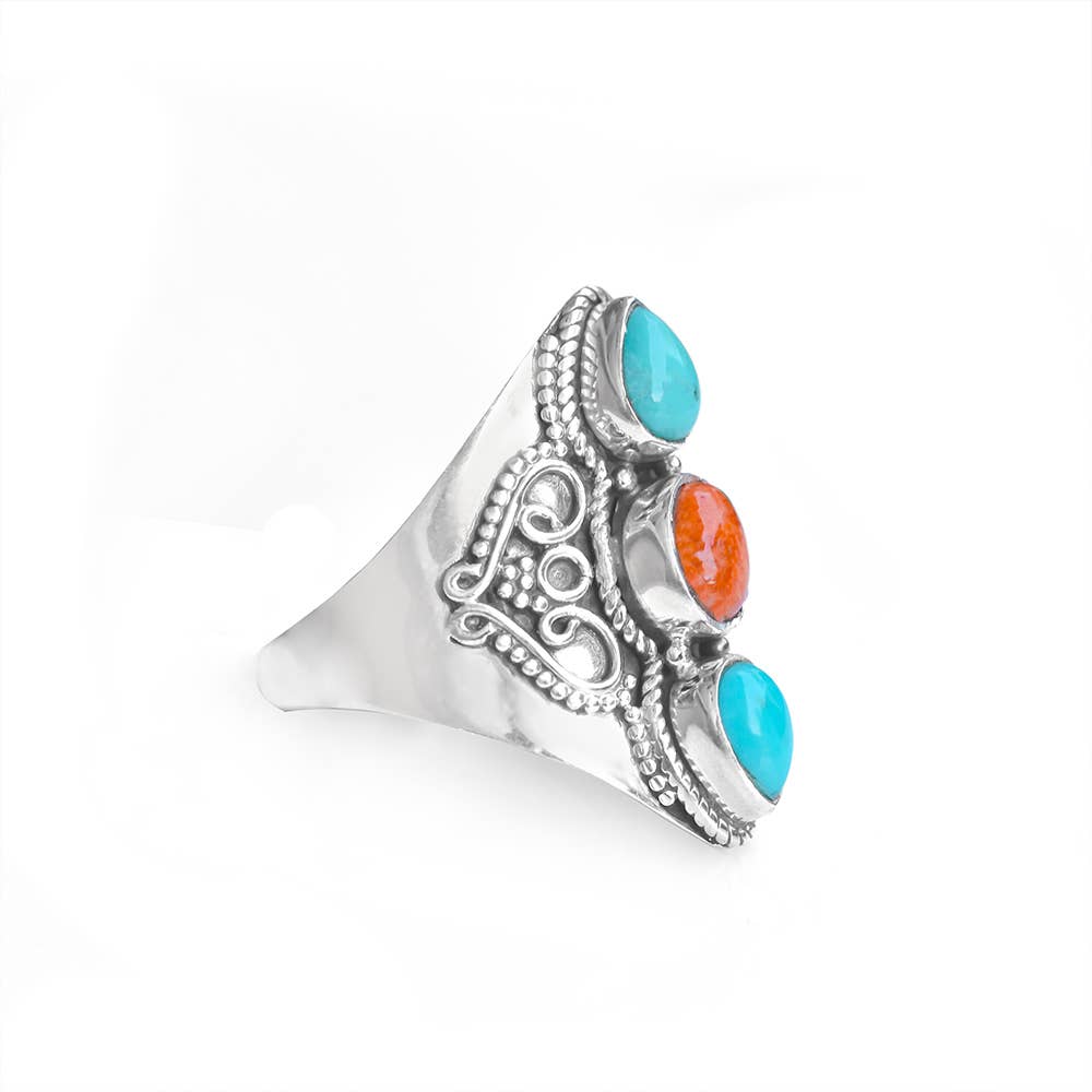 Tiramisu - Wholesale Cocktail/Statement Ring - Turquoise 3 Stone Wide Band Boho 925 Sterling Silver Ring2