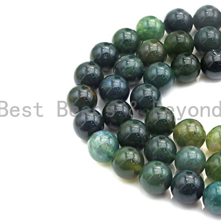 BestBeads&Beyond - Vente Perle - Agate mousse naturelle, ronde lisse 6 mm/8 mm/10 mm/12 mm, perles de pierres précieuses vertes, 15,5 « plein brin, sku #U635