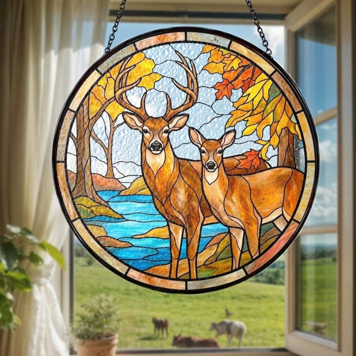Attrape-soleil en vitrail Couple de cerfs, Décor de cerfs de forêt pour la vente par Glaizyo