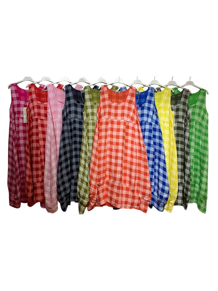 LINEN & COTTON HOUSE - Wholesale Dress β Women's - LINEN DRESS WITH POCKETS, GINGHAM CHECK PATTERN 322