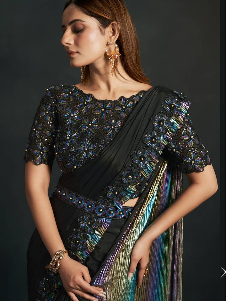 HATKE BRIDE – wholesale Blouse – Women’s – Black Crepe Georgette Silk Partywear Saree With Stitched Blouse For Indian & Pakistani Wedding Festival - Sequence Embroidery Work, Thread Embroidery Work, Stone Work1