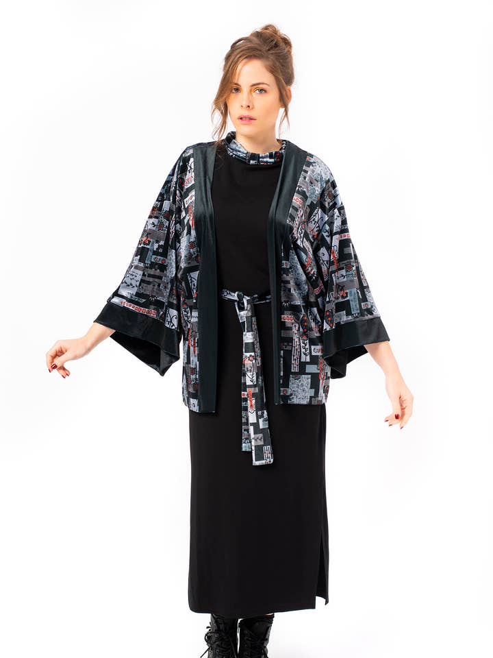 Quimono de veludo estampado. Quimono Origami. por atacado de Mamatayoe