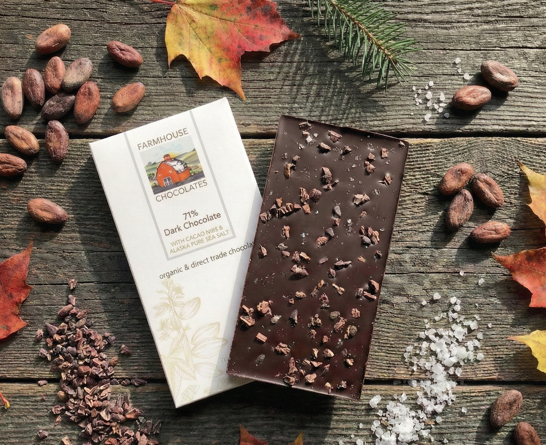 Farmhouse Chocolates - Wholesale Chocolate Bar - 71% Organic Chocolate Bar w/ Cacao Nibs & Alaskan Sea Salt2