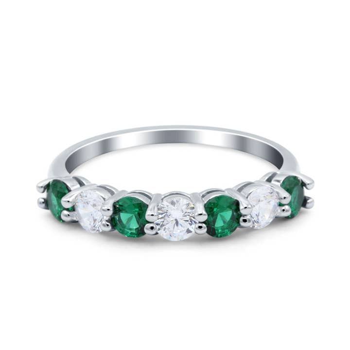 Anillo de boda Art Deco Half Eternity apilable con esmeralda verde simulada con circonita cúbica para venta al por mayor de Blue Apple Imports