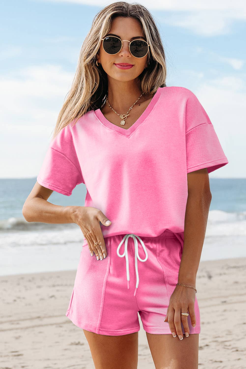 Aapparella - Wholesale Lounge Set - Women's - Comfy V Neck Tee & Pockets Shorts Set | S-XL8