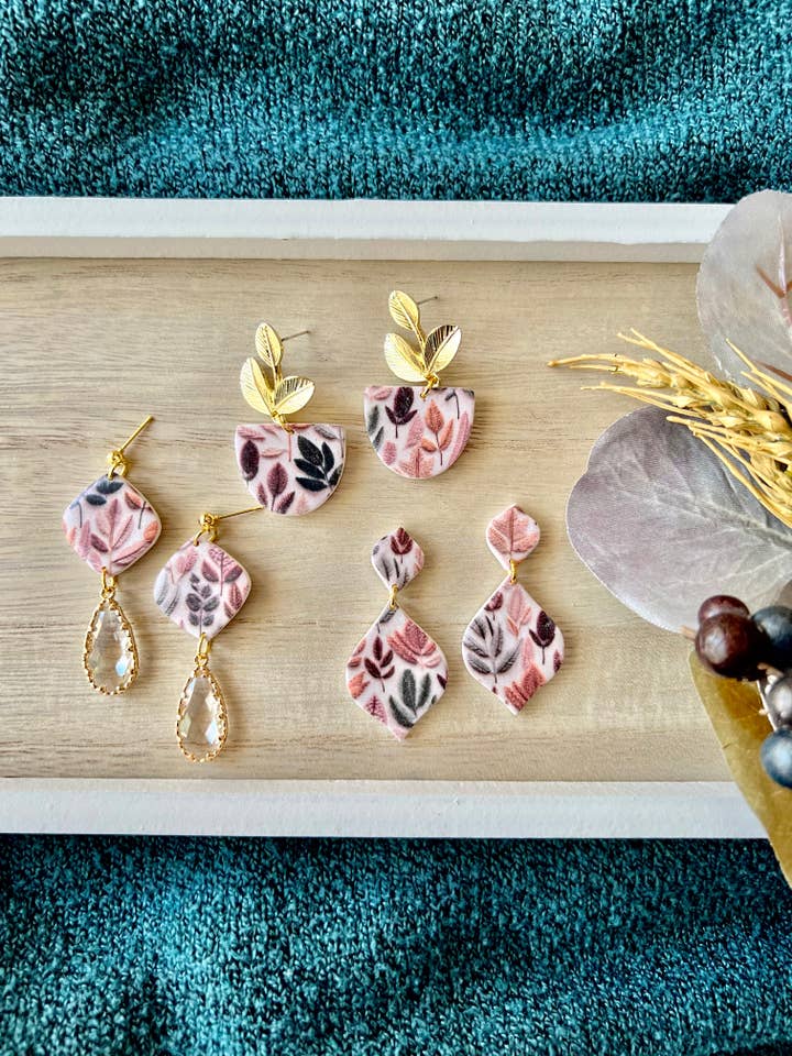 Floral Fall Earrings, Fall Greenery Clay Earrings for wholesale by SeizeTheClayJewelry