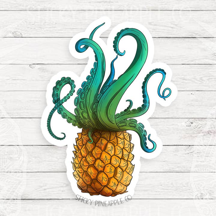 Pegatina de pulpo con piña, verde azulado y amarillo, pegatina mate, pegatina resistente a la intemperie, pegatina para portátil, vaso, botella de agua y mucho más. para venta al por mayor de Sticky Pineapple Co