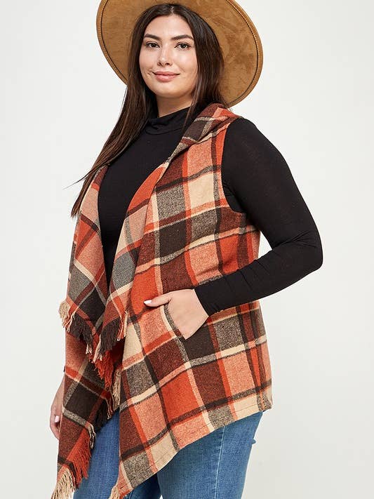 Plus Plaid Frynset Ærmeløs Hættetrøje Vest for engroshandel hos Pink Irene Wholesale